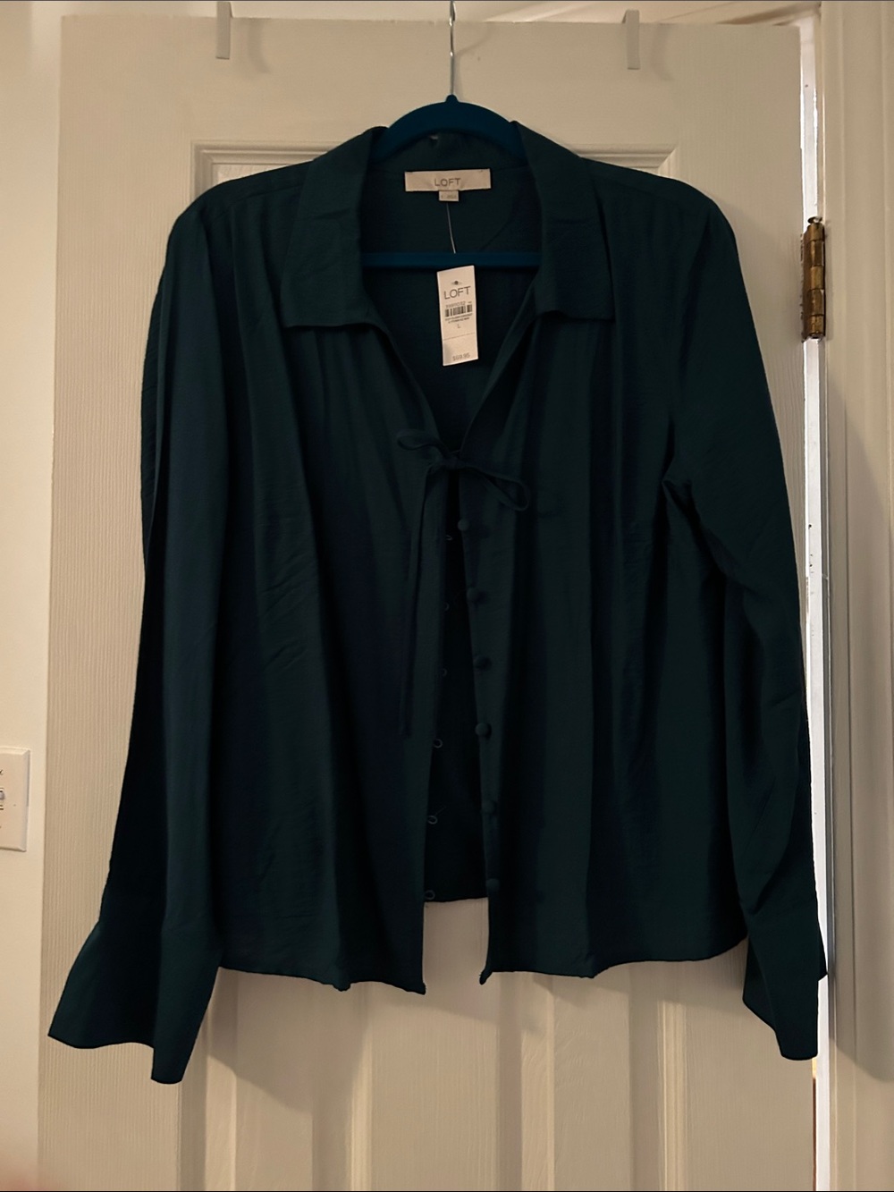 LOFT Deep Teal Tie-Neck Button Down Blouse